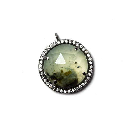 17mm Black Gold Bezeled White CZ & Dendritic Prehnite Coin Pendant 1 pc