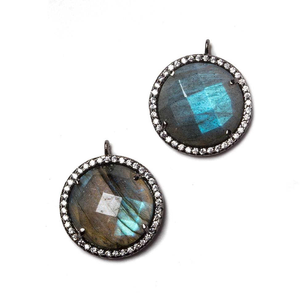 17mm Black Gold Bezeled White CZ & Labradorite Coin Pendant 1 pc
