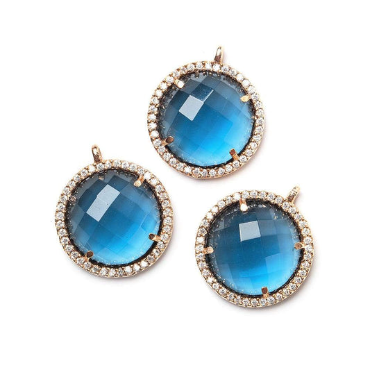 17mm Rose Gold CZ Bezel & London Blue Quartz faceted coin Pendant 1 piece