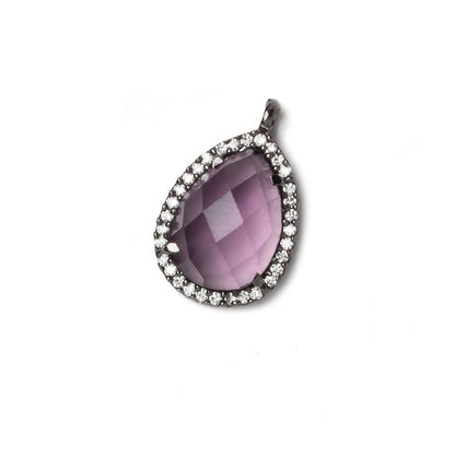 17x13mm Black Gold Bezeled White CZ and Pink Amethyst Pear Pendant 1 piece