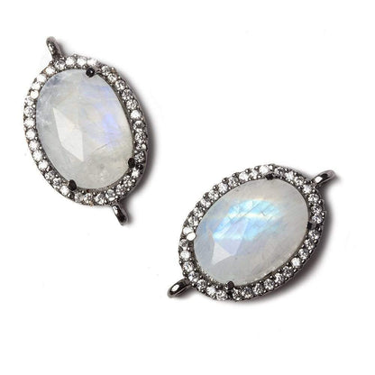17x13mm Black Gold Bezeled White CZ and Rainbow Moonstone Oval Connector 1 piece