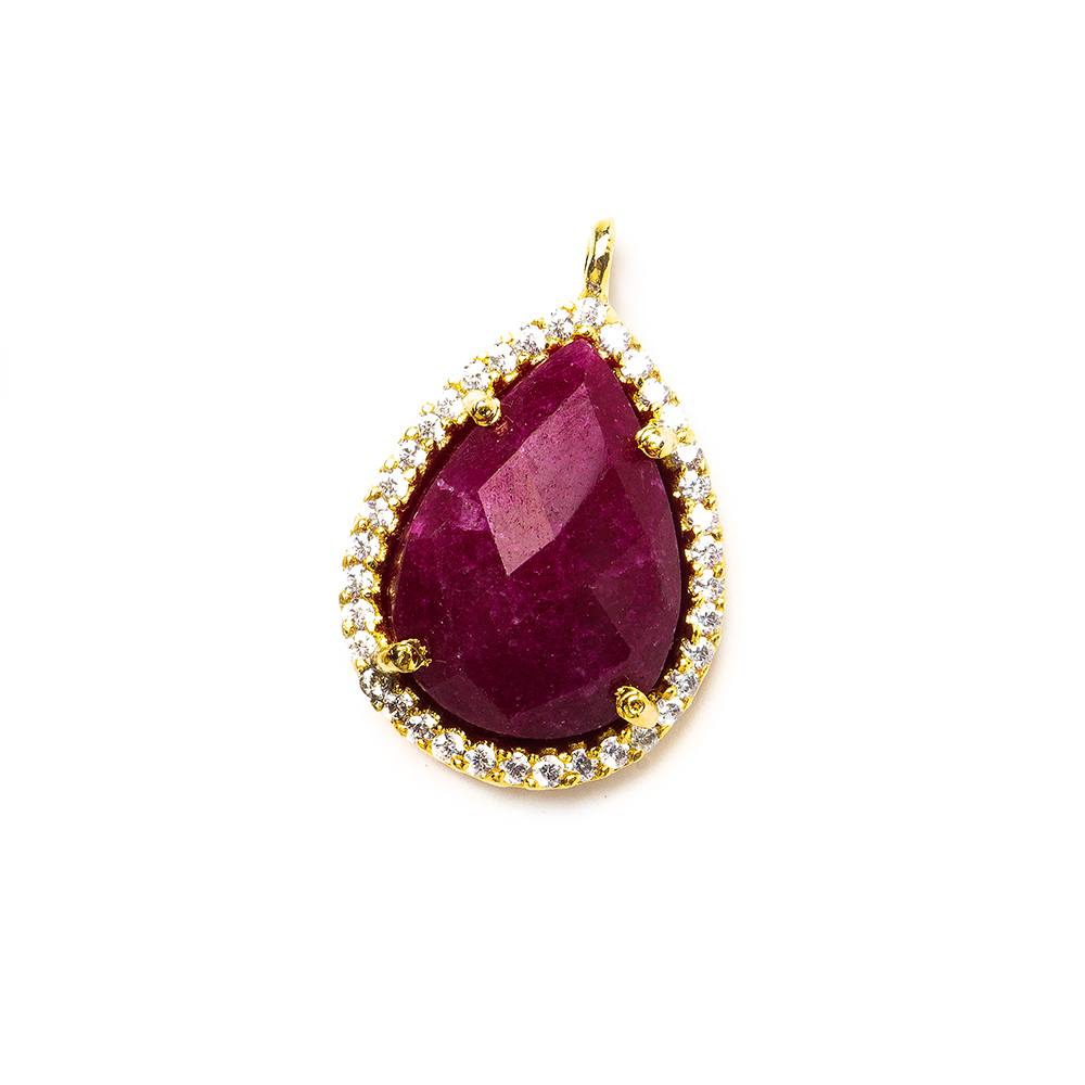 17x13mm Gold Bezeled White CZ and Red Aventurine Pear Pendant 1 piece