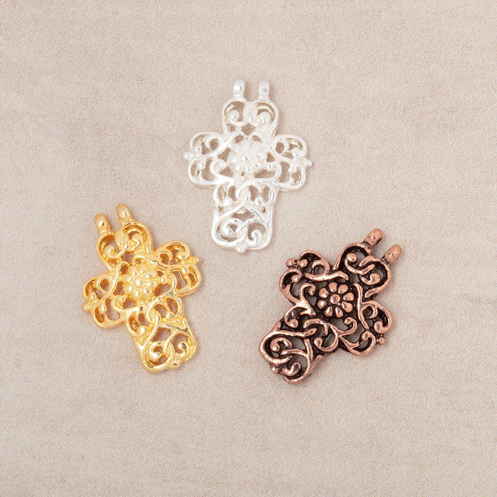 17x14.5mm Filigree Cross Two Ring Pendant Charm Set of 4 pieces