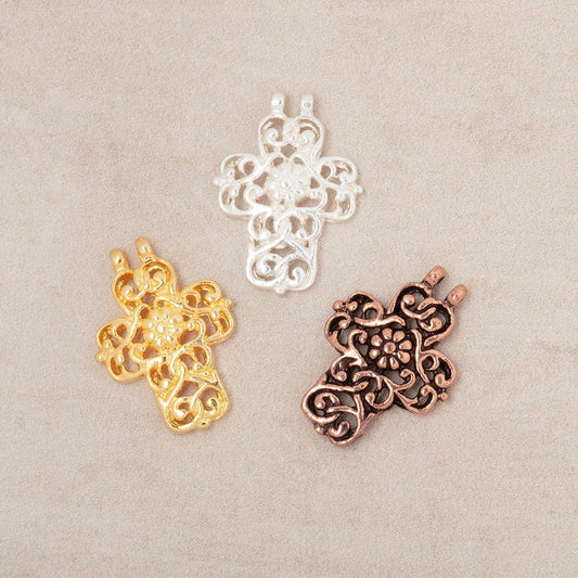 17x14.5mm Filigree Cross Two Ring Pendant Charm Set of 4 pieces