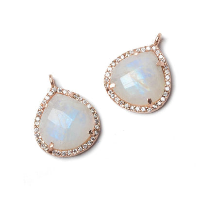 17x17mm Rose Gold Bezeled CZ & Rainbow Moonstone Heart Pendant 1 piece