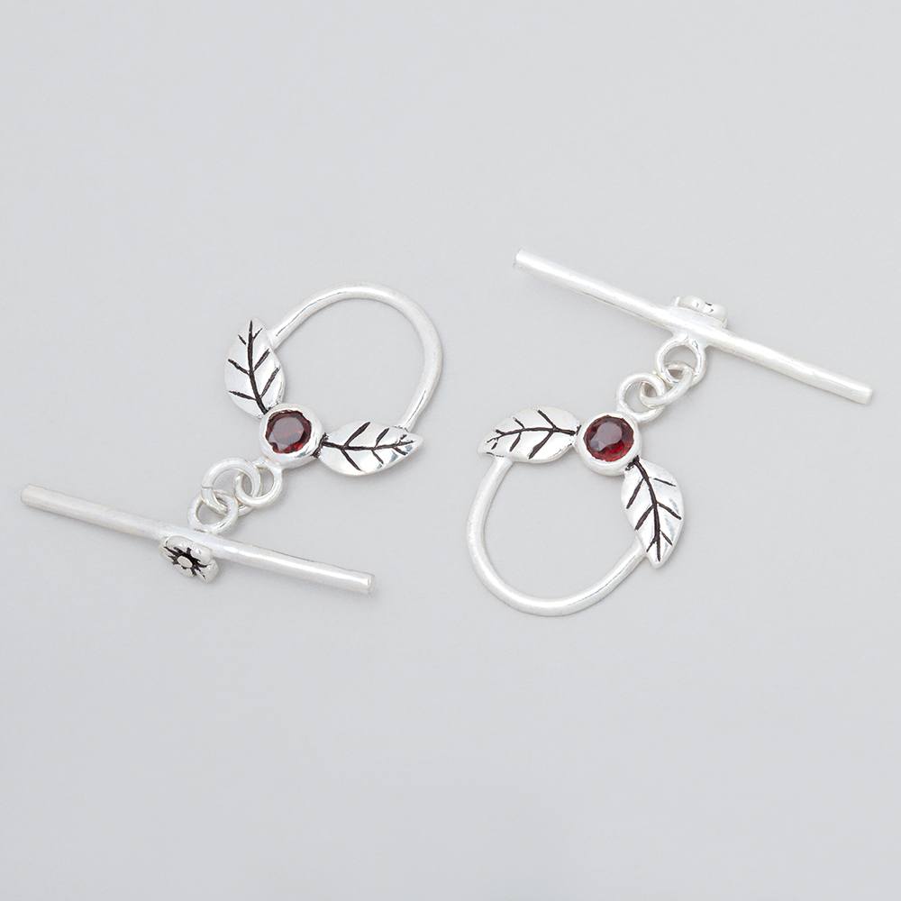 17x18mm Antiqued Sterling Silver Toggle with Leaves and Garnet 1 piece
