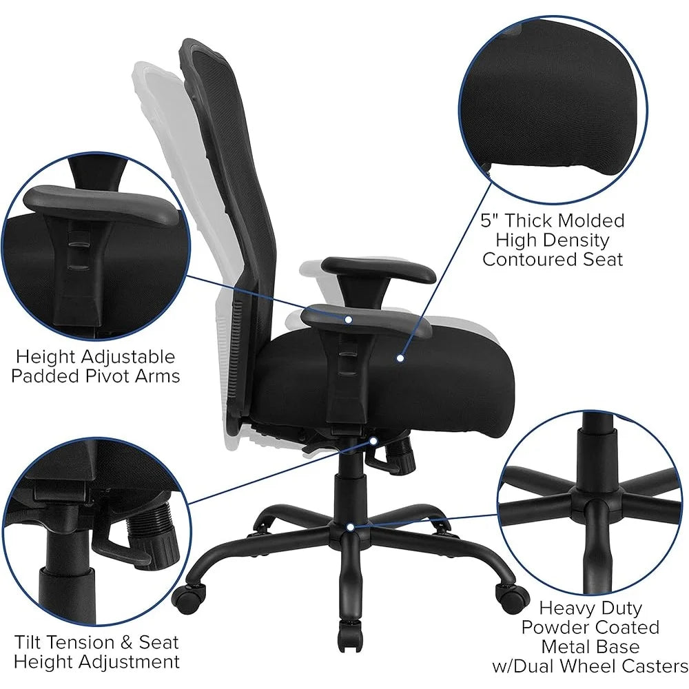 Big and Tall Ergonomic Office Chair 24/7 Heavy Duty Mesh High Back Synchro-Tilt Adjustable Lumbar Armrests 400 Lb Capacity