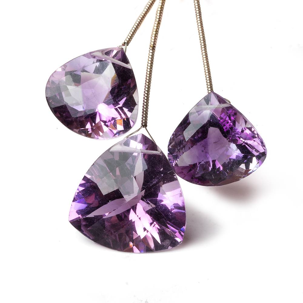 18mm & 22mm Amethyst Faceted Hearts & Trillion Beads Set of 3 AA grade