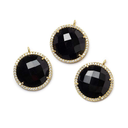 18mm Vermeil CZ Bezel & Black Chalcedony faceted coin Pendant 1 piece