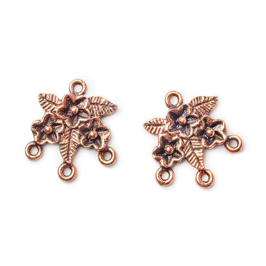 18x16mm Antiqued Copper Floral 3 ring Drop Charm Set of 2