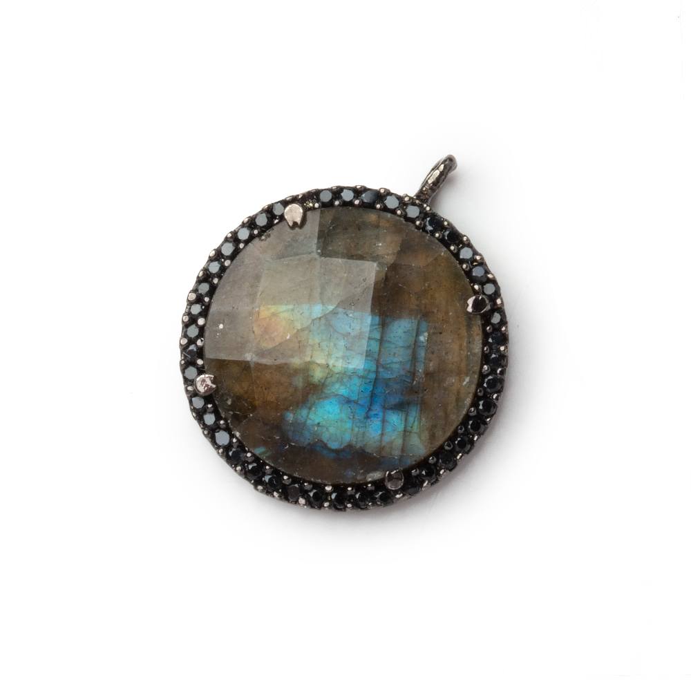 19mm Black Gold & Black CZ Bezel Labradorite Coin Pendant 1 Focal