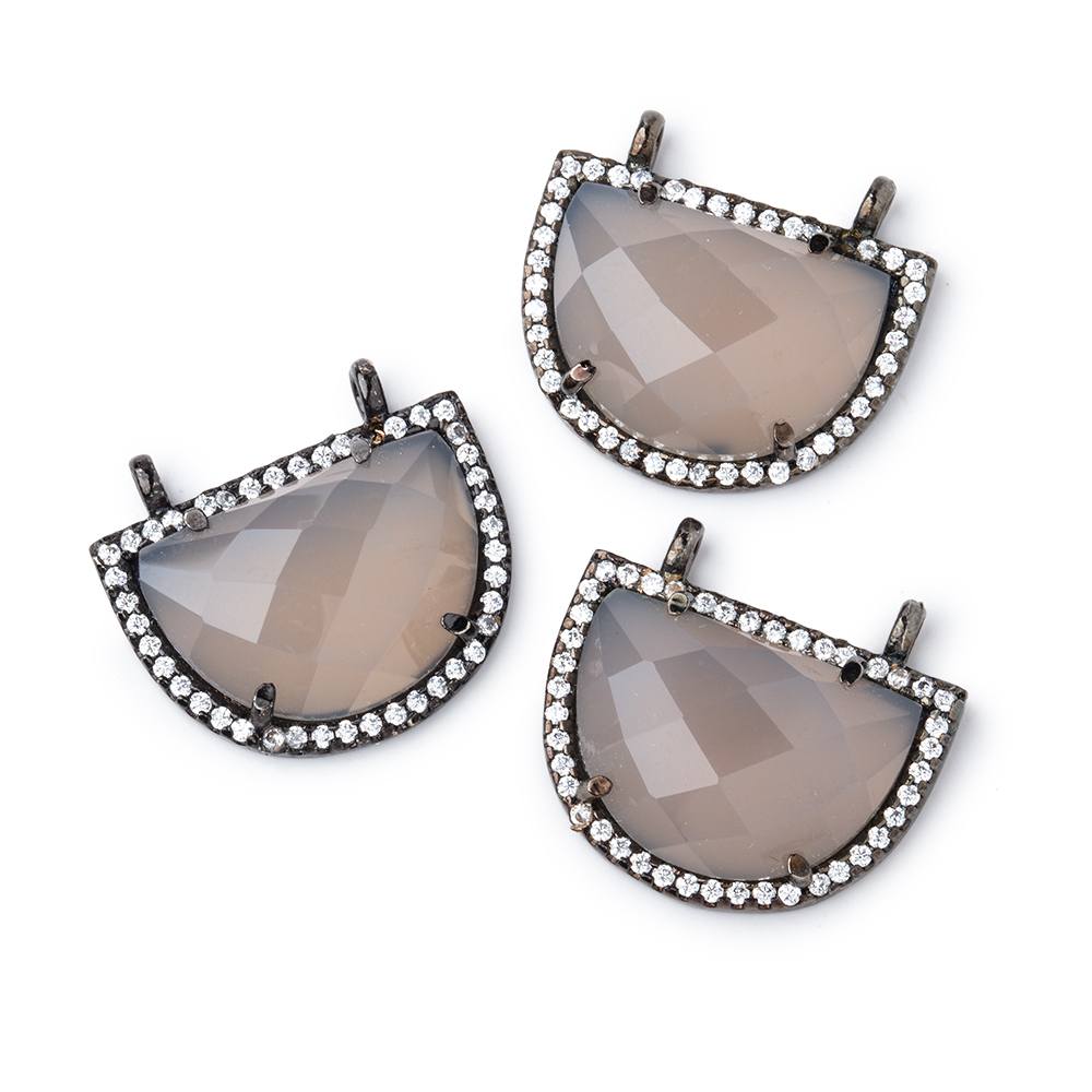 19x15mm Black Gold CZ Bezel Grey Chalcedony Half Moon Connector 1 Focal Bead