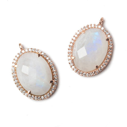 19x15mm Rose Gold Bezeled CZ & Rainbow Moonstone Oval Pendant 1 pc