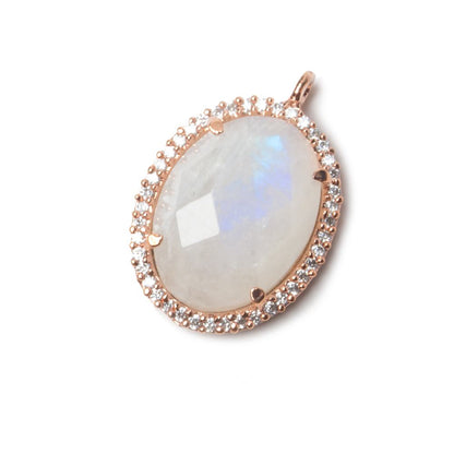 19x15mm Rose Gold Bezeled CZ & Rainbow Moonstone Oval Pendant 1 pc