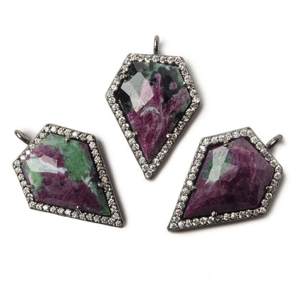 19x17mm Black Gold Bezel White CZ and Ruby in Zoisite Modified Shield Pendant 1 focal piece