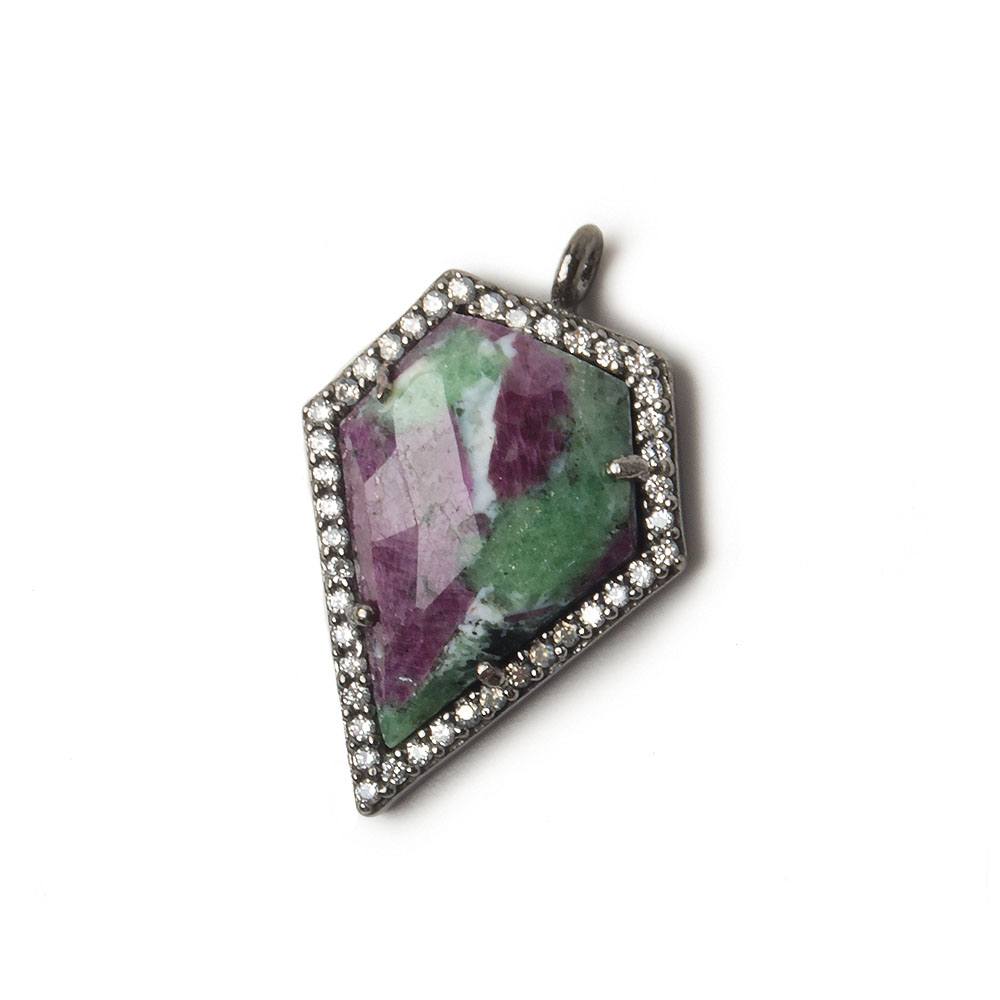 19x17mm Black Gold Bezel White CZ and Ruby in Zoisite Modified Shield Pendant 1 focal piece