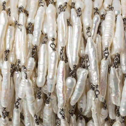 19x4mm White Biwa Pearl Black Gold .925 Silver Chain by the foot 11 pcs