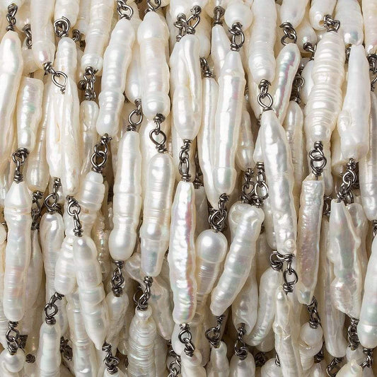 19x4mm White Biwa Pearl Black Gold .925 Silver Chain by the foot 11 pcs