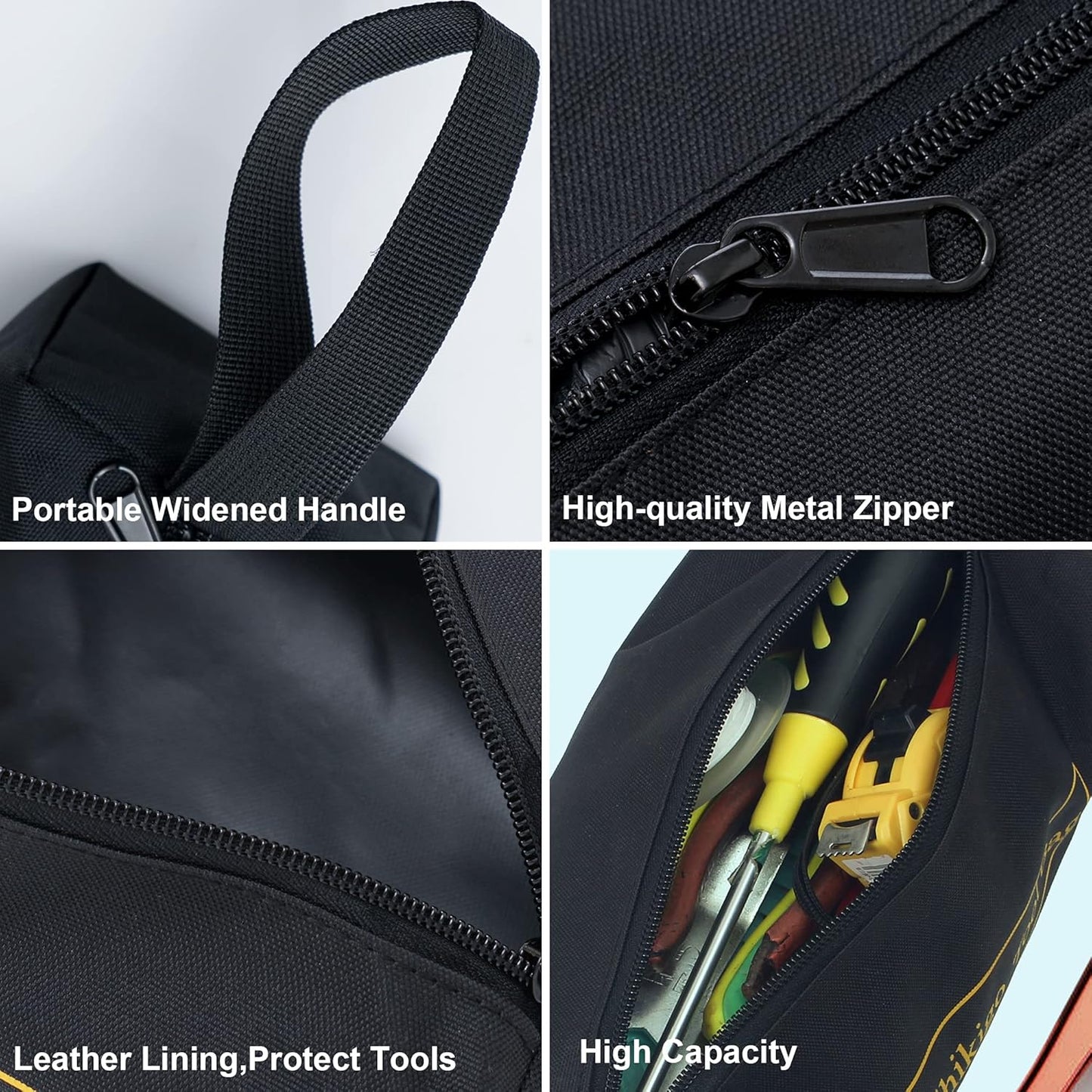 4-Pack Small Tool Bags with Zipper, Waterproof Tool Pouch Double Layer Tool Bag Organizer with Portable Handle, Multi-Purpose Black Tote Bag for Storage and Sorting (11 X 4.3 X 3.54 Inches)