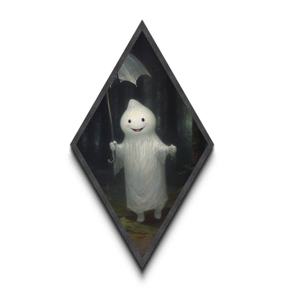 Mysterious Ghost with Umbrella Diamond Shaped Art in Pumpkin Patch Halloween Canvas Art Print Dark Academia Spooky Forest Theme