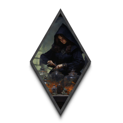 Viktorianische Hexe braut Zaubersprüche – Diamantförmiges Kunstwerk für Halloween – Leinwanddruck im düsteren Gothic-Stil