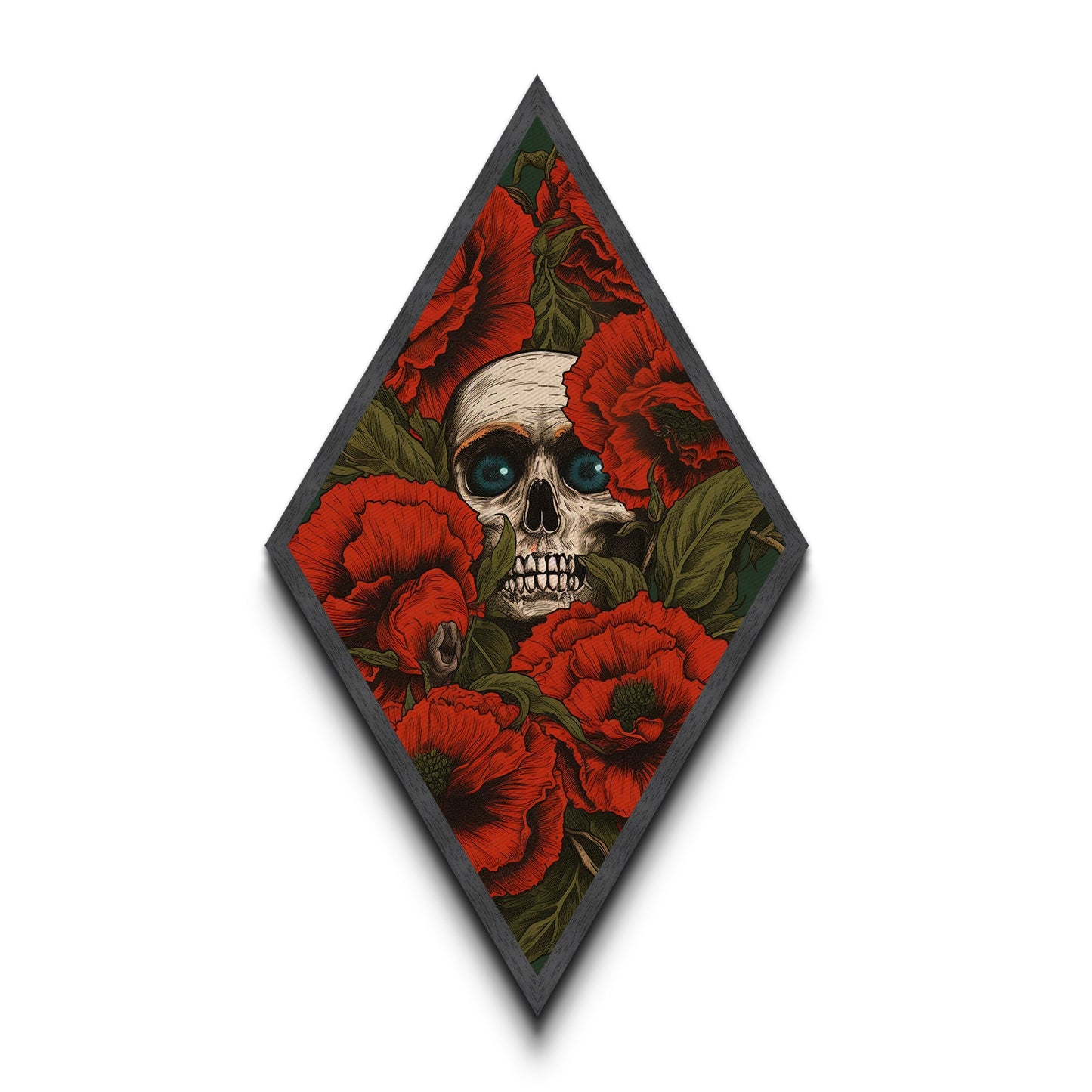 The Skull Amongst The Red Flowers, Spooky Halloween Wall Art, Diamond Shaped Art, Creepy Home Decor