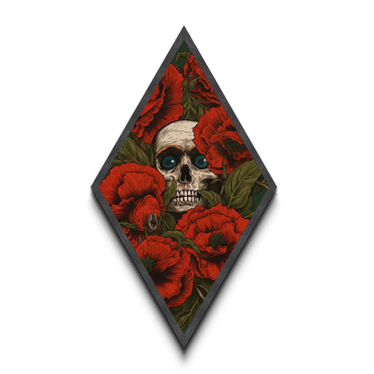 The Skull Amongst The Red Flowers, Spooky Halloween Wall Art, Diamond Shaped Art, Creepy Home Decor
