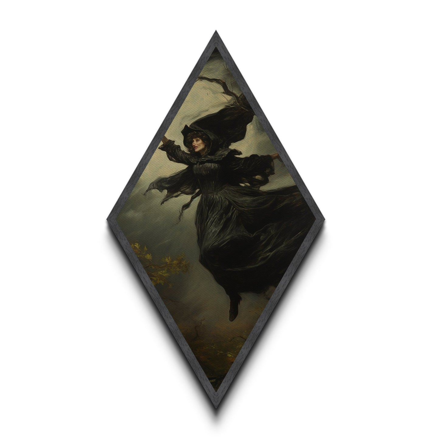 Die fliegende Hexe, gerahmter Leinwanddruck, unheimliche gotische viktorianische Wandkunst, Gemälde einer Hexe aus Dark Academia