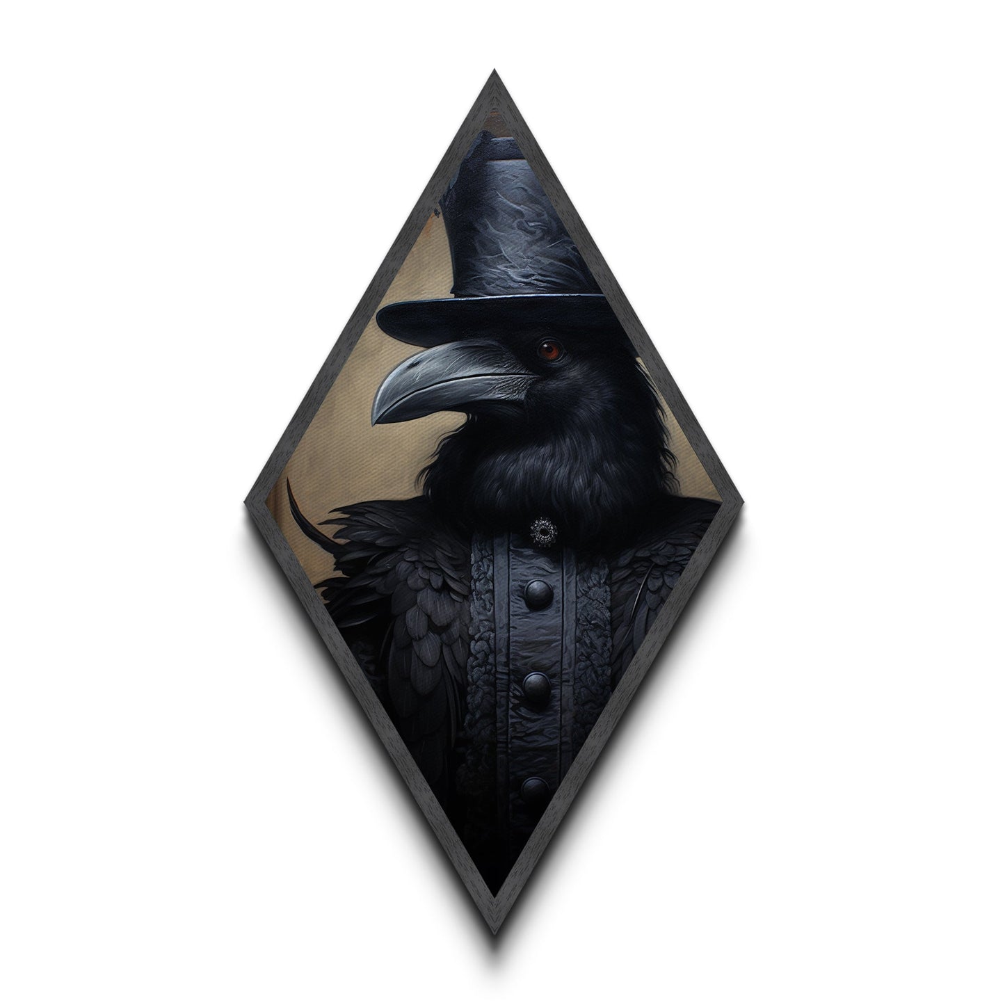 Baroque Raven in Charcoal Black Brocade Diamond Shaped Art Canvas Embossed Print Halloween Gothic Decor Dark Academia Style