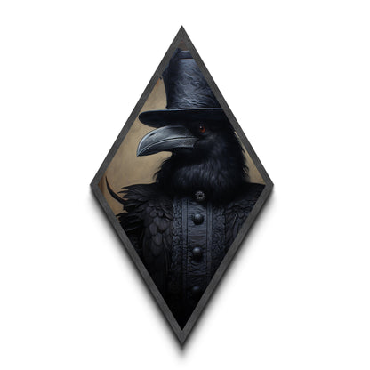 Baroque Raven in Charcoal Black Brocade Diamond Shaped Art Canvas Embossed Print Halloween Gothic Decor Dark Academia Style