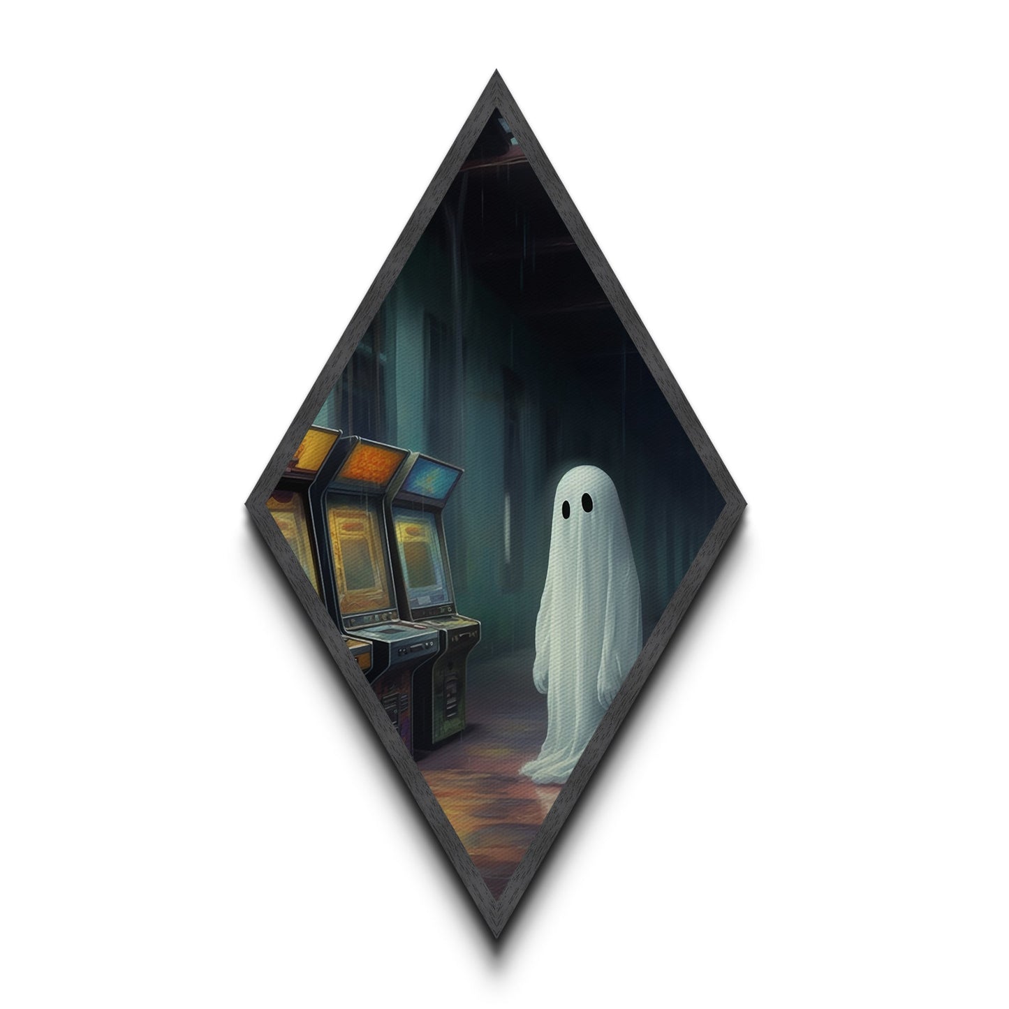 Einsamer Geist in regnerischer Spielhalle – Rautenförmiger Kunstdruck auf Leinwand – Geprägter Druck – Gruselige Vaporwave-Halloween-Wanddekoration im surrealen, nostalgischen Stil