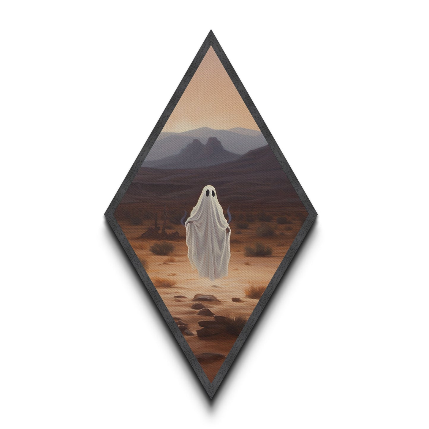 Lonely Ghost in Sunset Desert Diamond Shaped Art Canvas Art Print Halloween Spirit Gothic Surreal Dark Western Spooky Decor