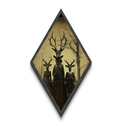 Haunting deer-headed family in eerie woods with Victorian dresses captured as Diamond Shaped Art on Canvas Embossed Print gothic Halloween