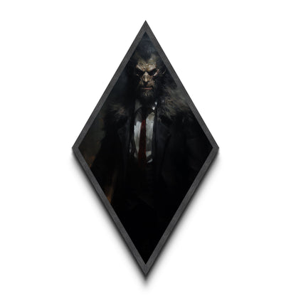 Rautenförmiger Leinwanddruck mit Werwolf-Motiv, gotisches Horrormonster im Anzug, viktorianische Halloween-Dekoration im Stil von Dark Academia für die Wand