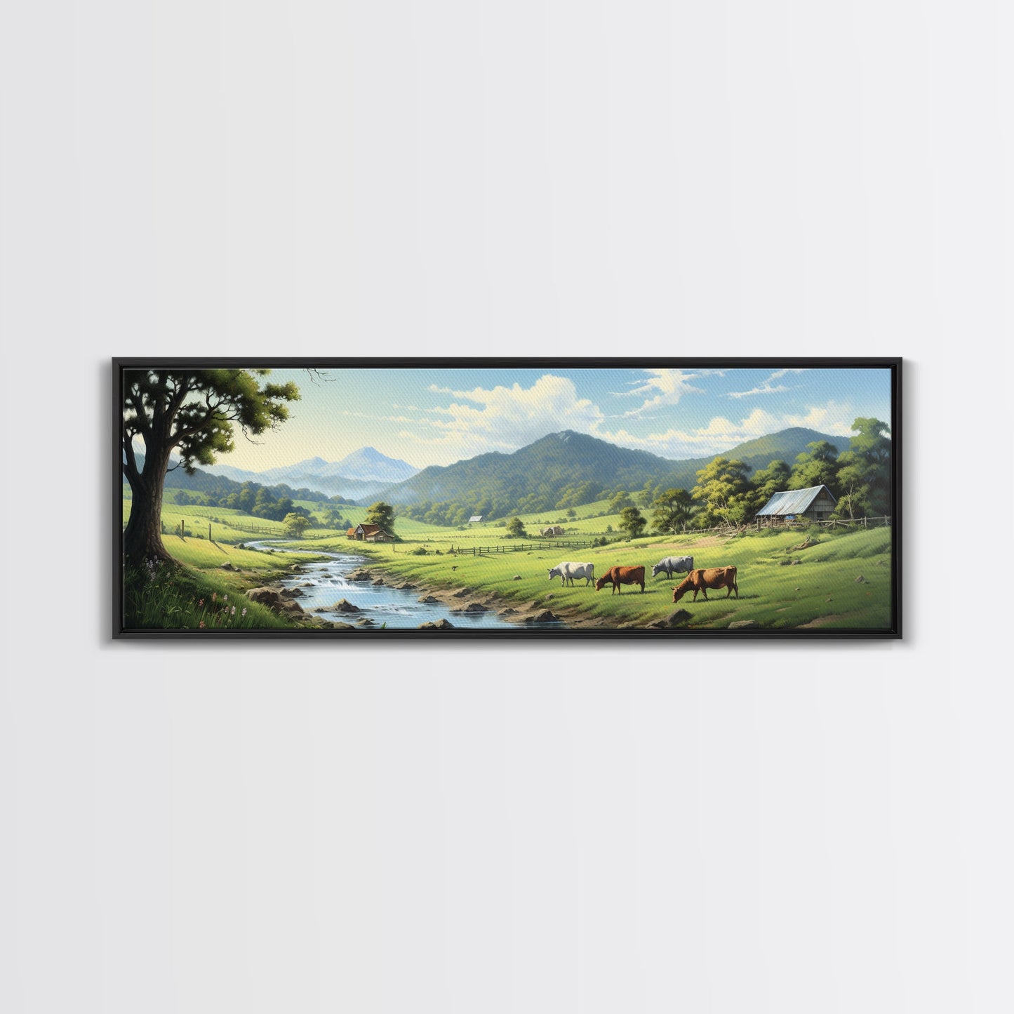 Farmhouse Field Landscape Oil Painting Large Wall Art Canvas Print, Framed Canvas Nature Wall Decor, Rustic Country Landscape Living Room