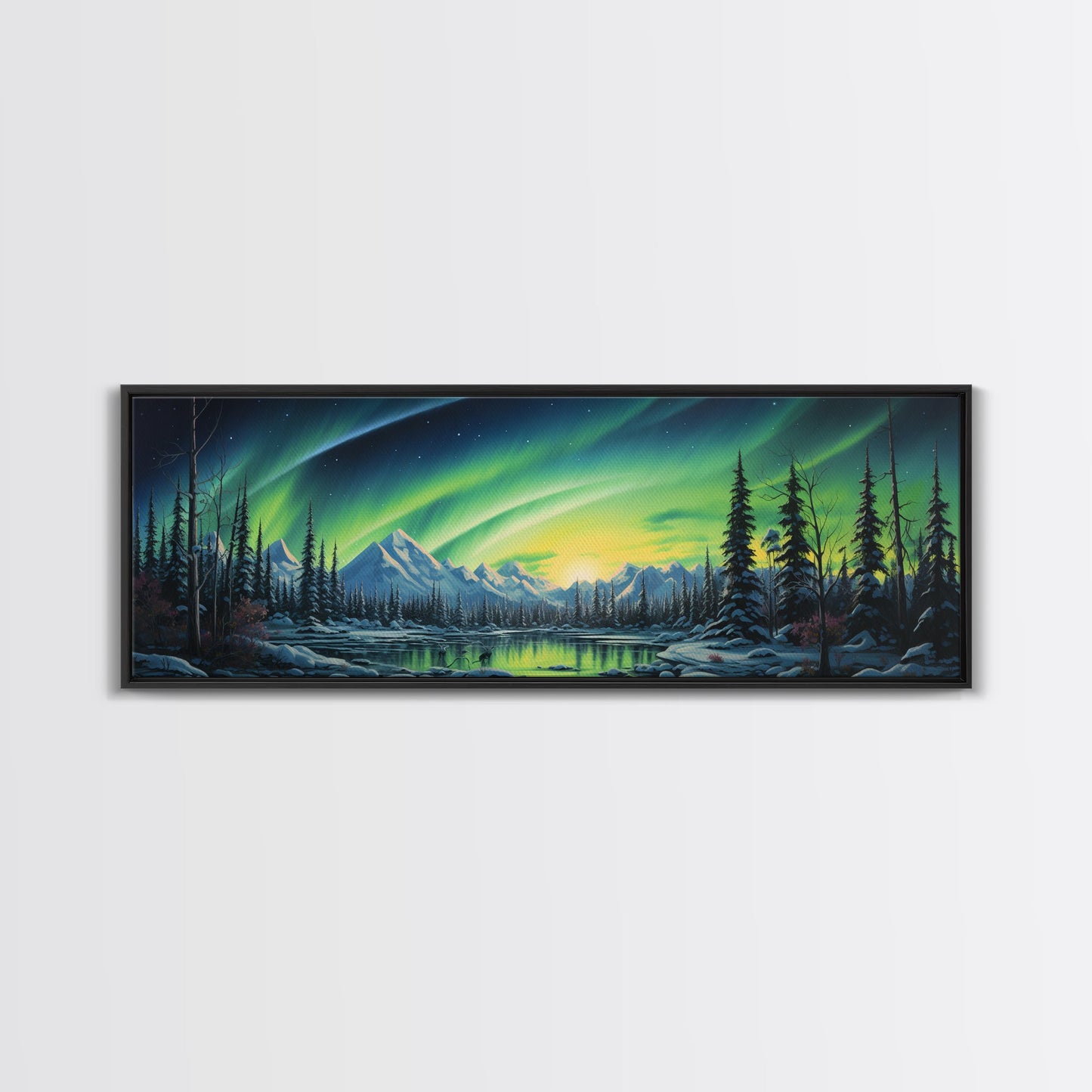 Aurora Borealis, Framed Canvas Print, Beautiful Alaskan Winter Landscape Painting, Moody Art, Unique Wall Art