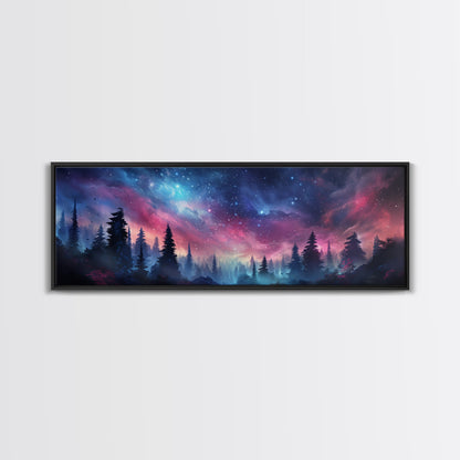 Watercolor Painting Of A Starry Night, Framed Canvas Print, Beautiful Nature Panoramic, Alaska Wilderness Art