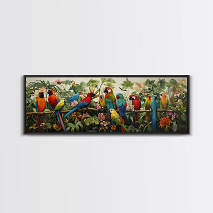 Birds Of Paradise, Parrot Print, Tropical Art, Framed Canvas Print, Beautiful Above Sofa Wall Art, Guest Room Decor