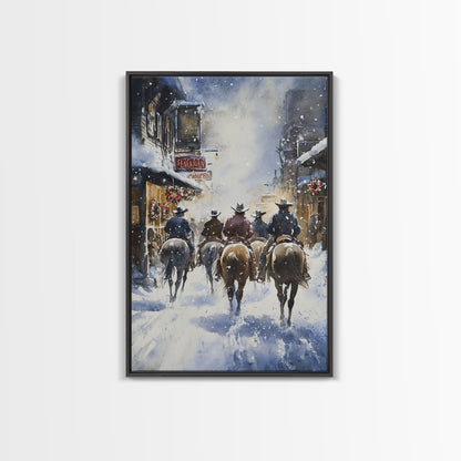 Cowboys Riding Into Town On Christmas, Western Christmas Decor, Framed Canvas Print, Christmas Outdoor Decor, Christmas poster