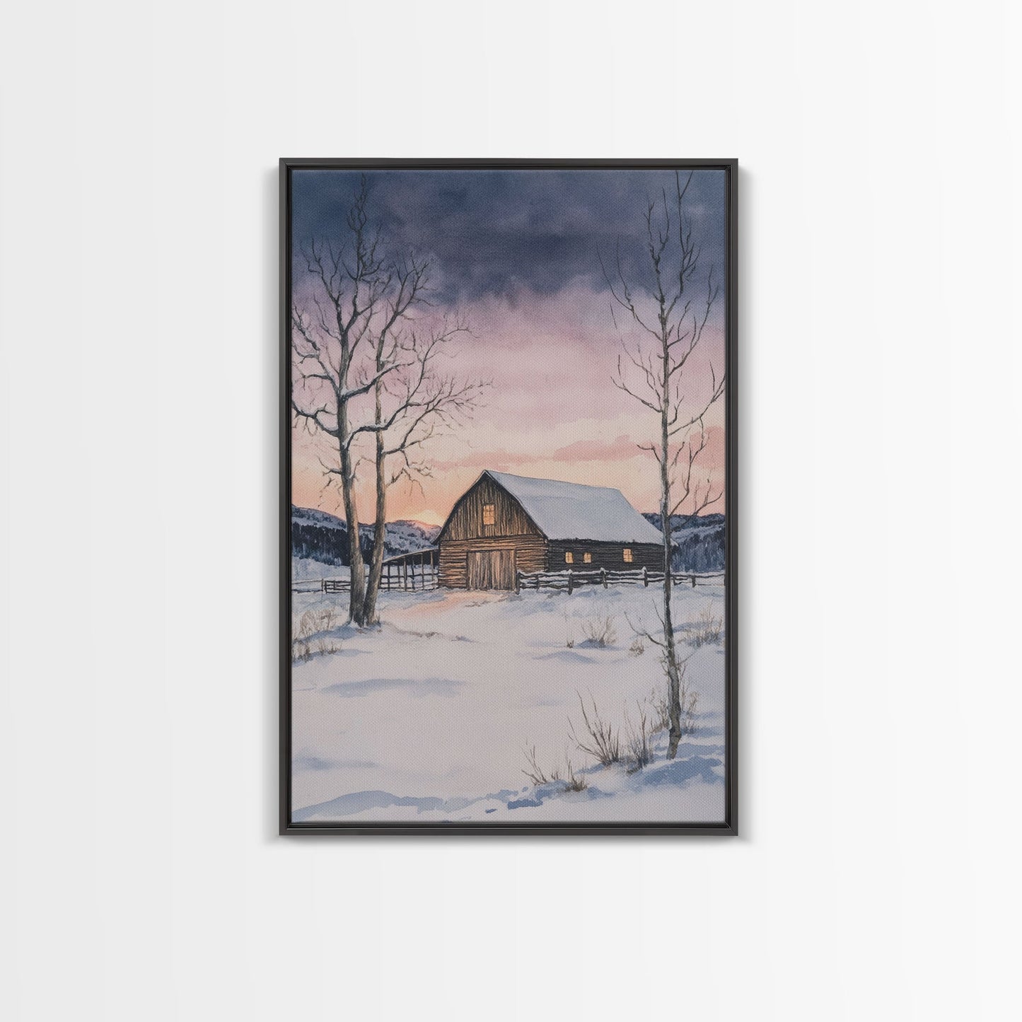 Scheune im Winter, gerahmter Leinwanddruck, Winterlandschaftsdruck, rustikale Weihnachtskunst, Dekoration im Landhausstil