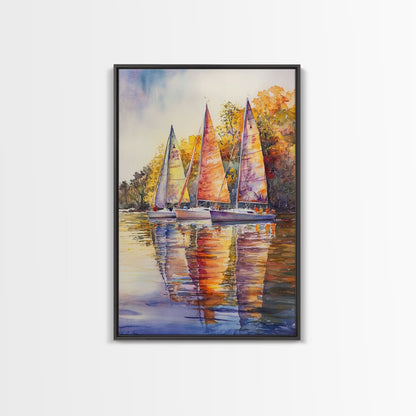 Colorful Sailboats Reflected On Water Framed Canvas Print Fall Nautical Wall Art Coastal Decor Best Gift Idea Holiday Wall Art