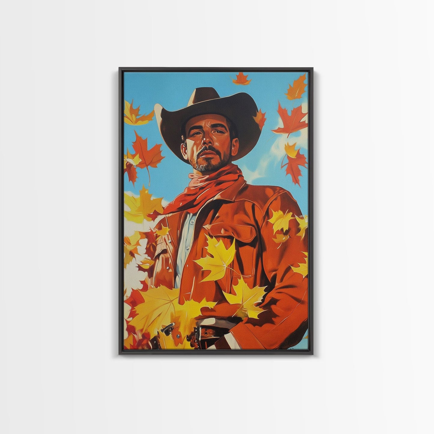 Autumn Cowboy Holiday Decor Framed Canvas Print with Leaves, Colorful Seasonal Wall Art Gift Idea 2024