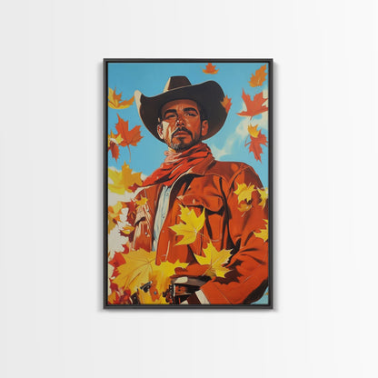 Autumn Cowboy Holiday Decor Framed Canvas Print with Leaves, Colorful Seasonal Wall Art Gift Idea 2024