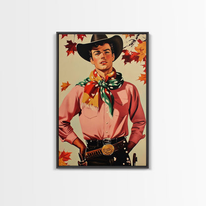 Cowboy Christmas Wall Art Canvas Print with Autumn Leaves, Seasonal Holiday Decor and Gift Idea 2024