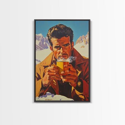 Cowboy Drinking Coffee in Winter Cabin Framed Canvas Print - Cozy Christmas Wall Art 2024 Rustic Holiday Decor