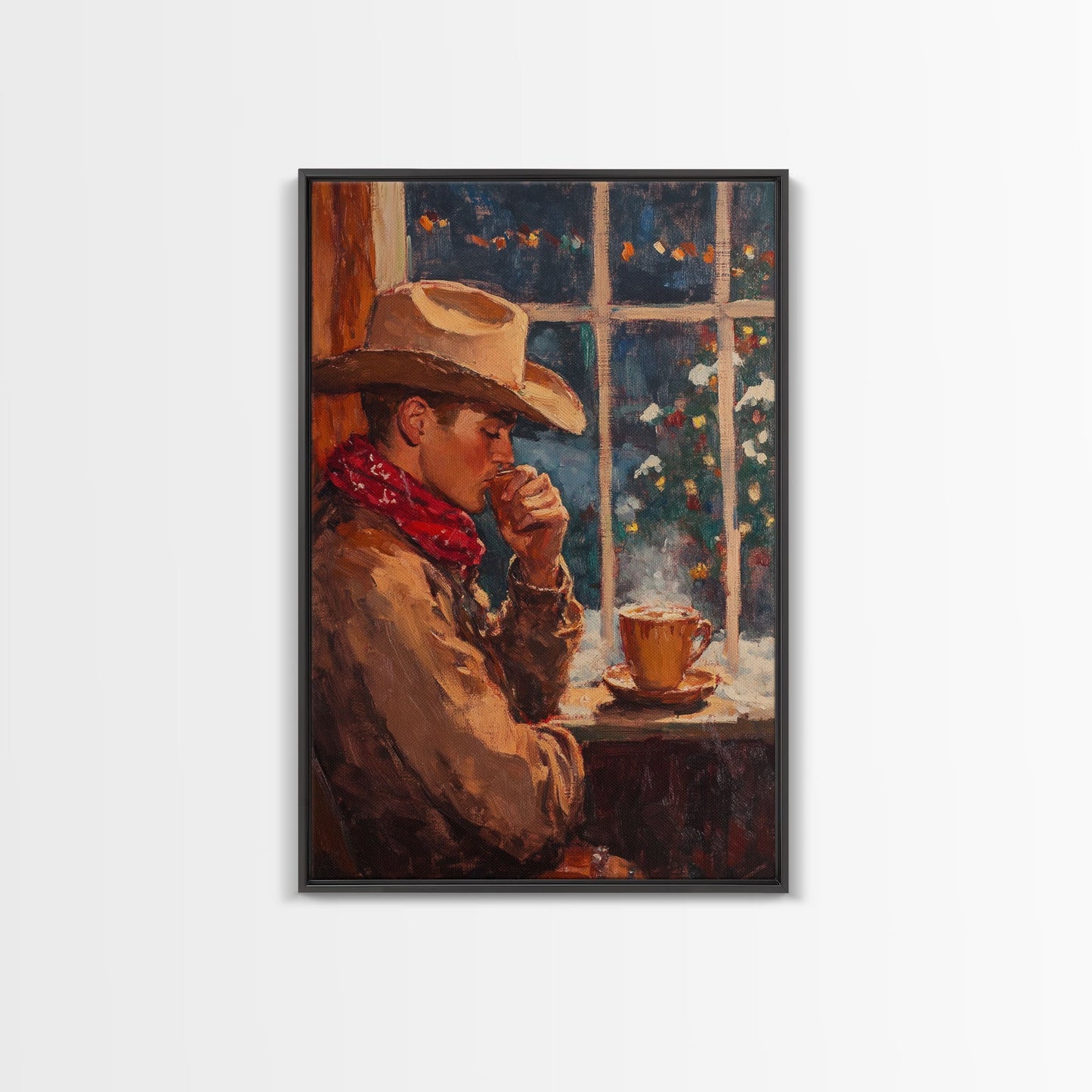 Cowboy in Snow with Coffee Framed Canvas Print - Winter Country Scene Art 2024 Cozy Christmas Wall Decor and Gift Idea
