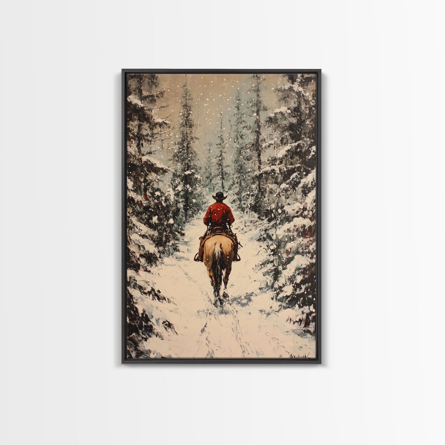 Cowboy on Horseback in Golden Autumn Trees Framed Canvas Print Rustic Christmas Wall Art Fall Decor Country Christmas Gift Seasonal Wall Art