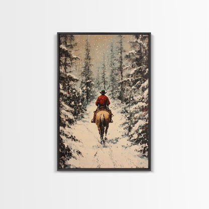 Cowboy on Horseback in Golden Autumn Trees Framed Canvas Print Rustic Christmas Wall Art Fall Decor Country Christmas Gift Seasonal Wall Art