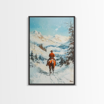 Cowboy reitet durch verschneite Berge – Gerahmter Leinwanddruck – Weihnachtswandbild – Winterwunderland-Dekoration – Saisonale Wanddekoration – Geschenkidee zu Weihnachten