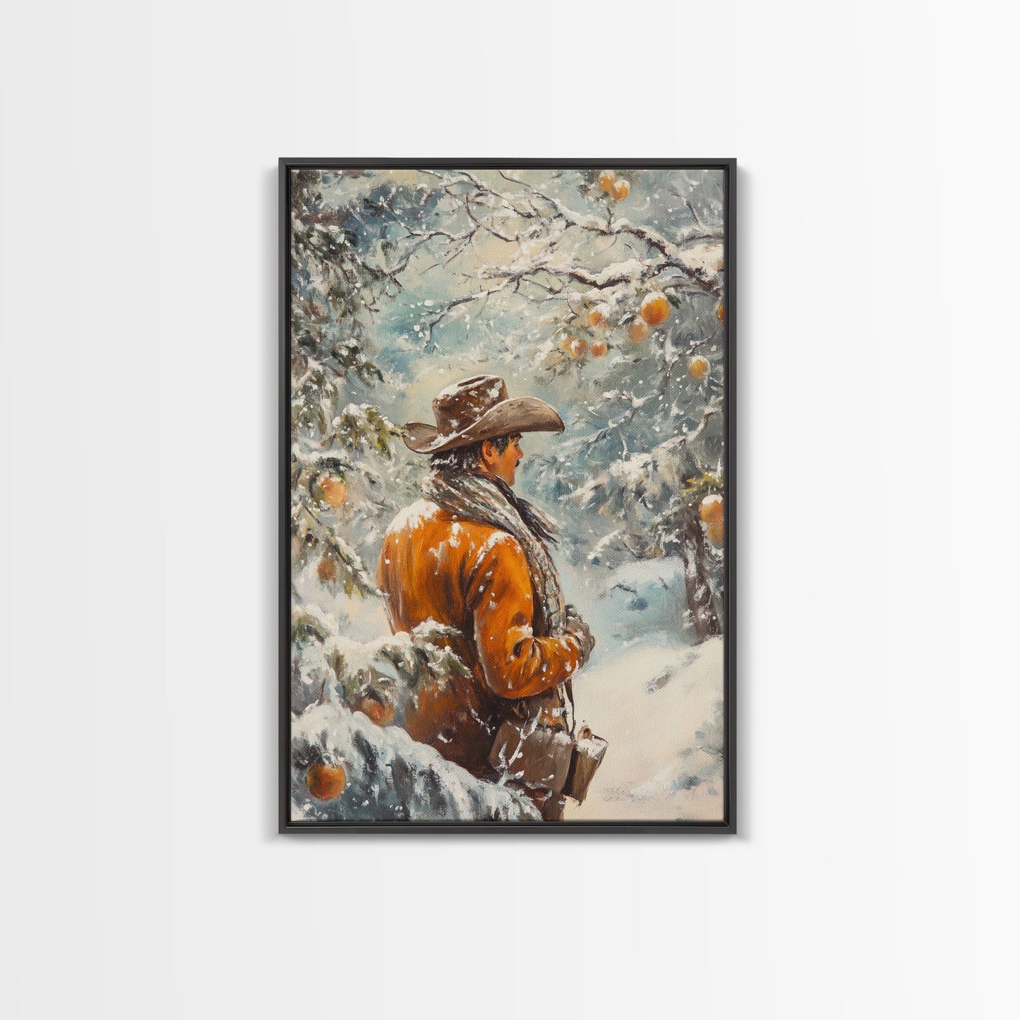 Cowboy in Snowy Orchard Canvas Print with Frosty, Christmas Wall Art Gift, Seasonal Decor, Winter Wonderland, Holiday Decor, Canvas Print